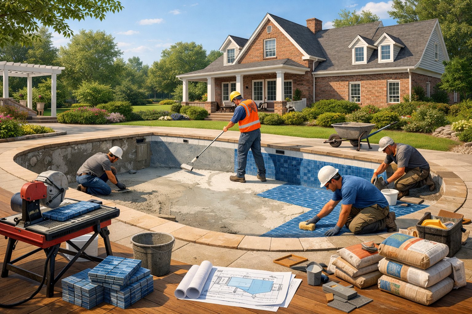 A backyard pool renovation in progress with workers fixing an in-ground pool near a suburban house surrounded by green plants.