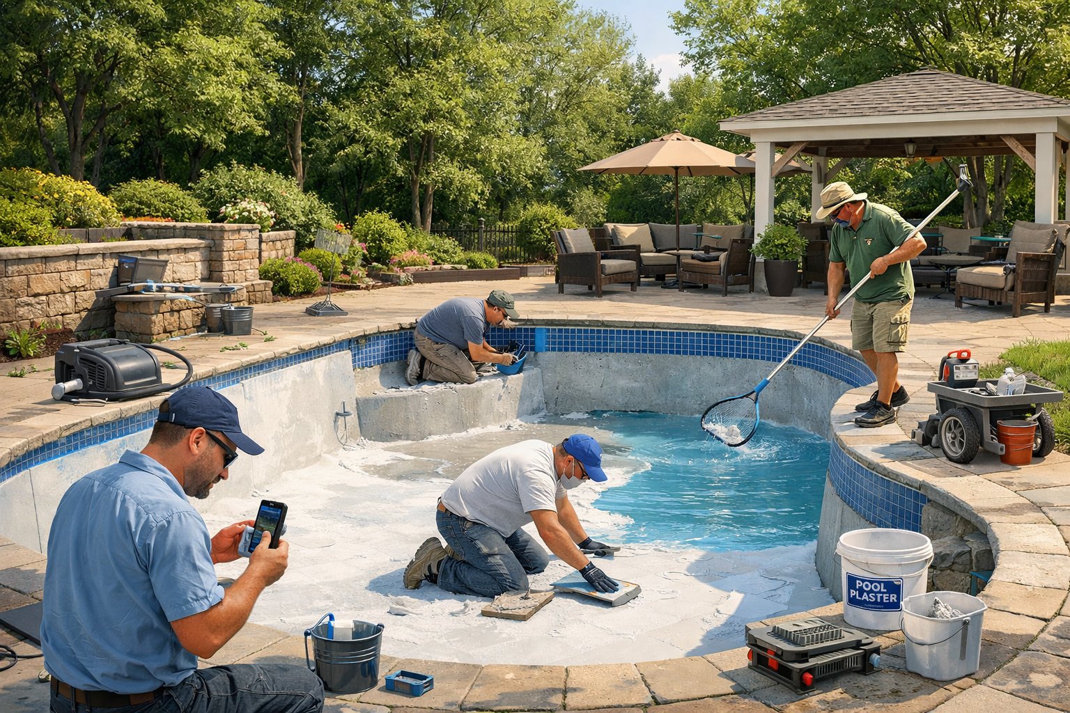 A backyard swimming pool in the process of renovation with workers restoring the pool and technicians performing maintenance.