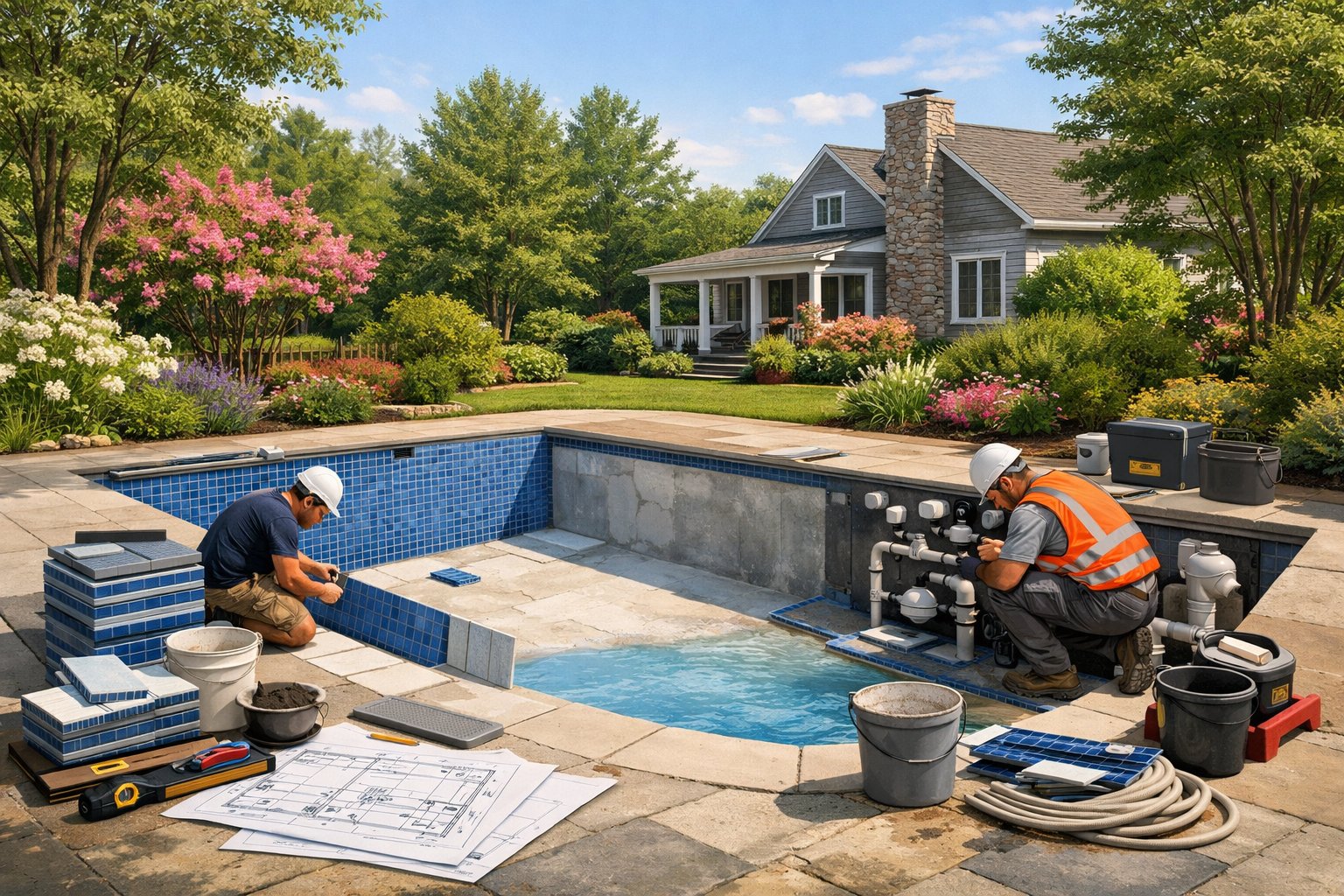 A backyard with a swimming pool undergoing renovation, workers installing tiles, surrounded by trees and a house in the background.