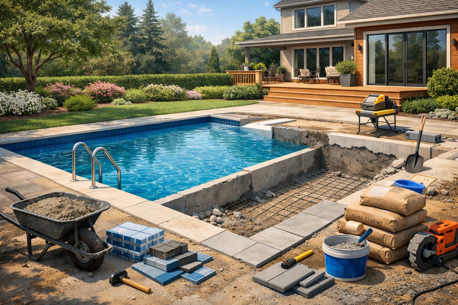A residential backyard in Woodbridge, Virginia showing a swimming pool under renovation with construction materials and a modern house in the background.