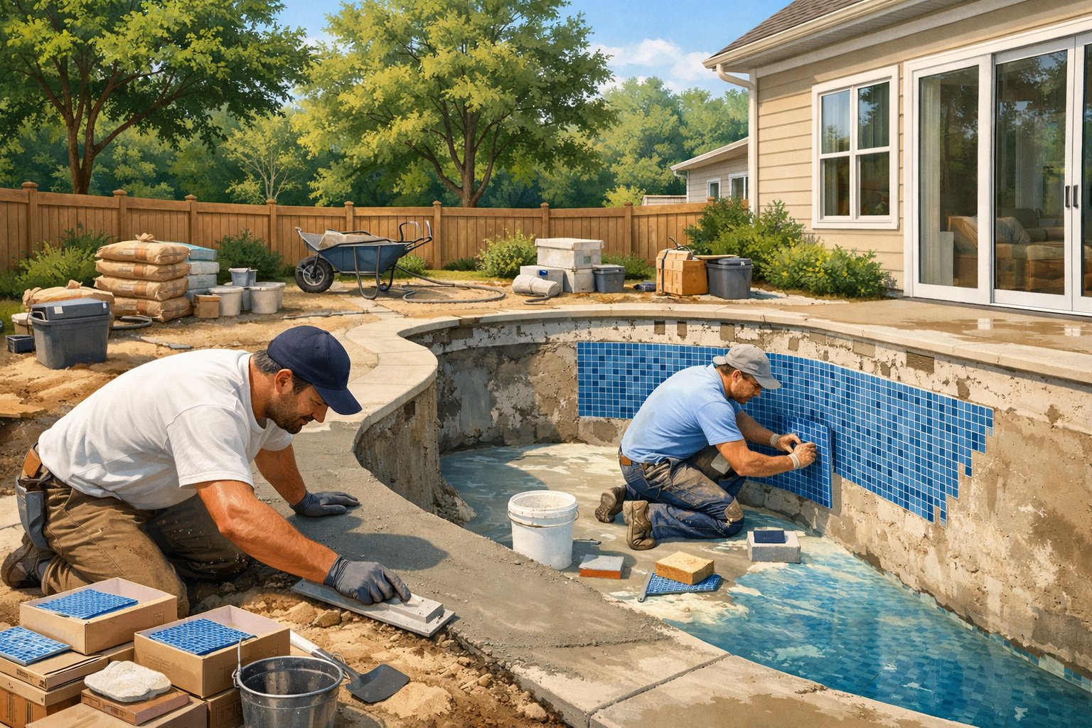 A backyard pool under renovation with workers installing tiles and smoothing concrete, surrounded by trees and a wooden fence.
