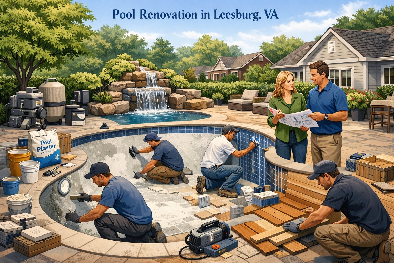 A backyard scene showing workers renovating a swimming pool with construction materials and a homeowner discussing plans with a designer.