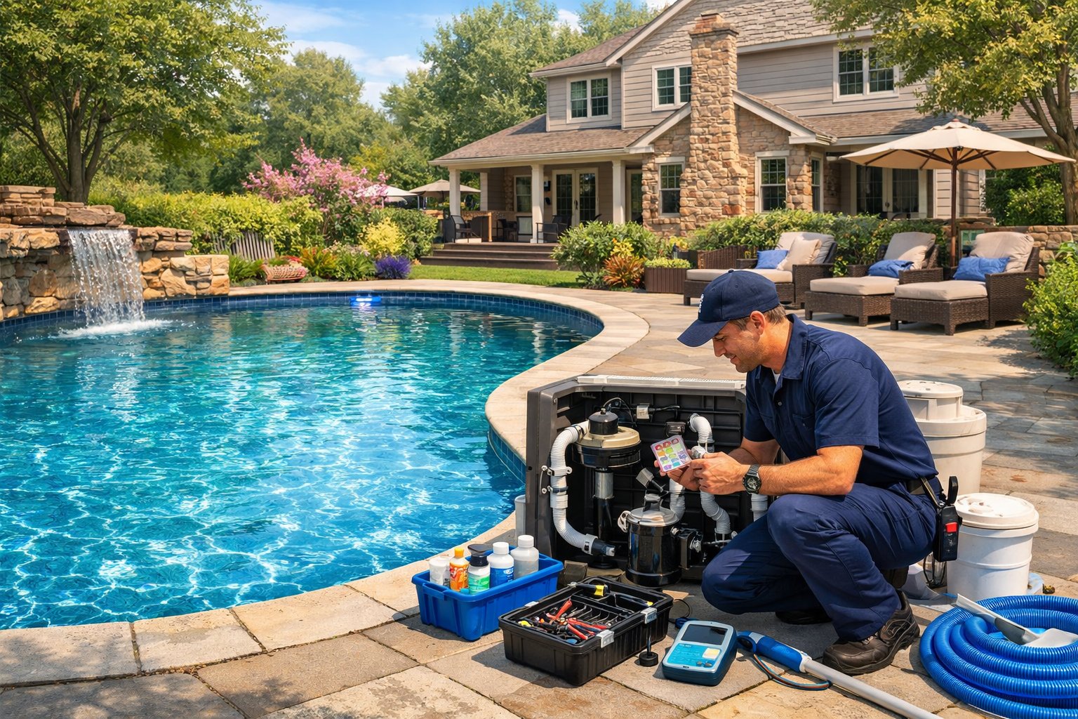 A residential backyard with a renovated swimming pool, a technician inspecting the pool equipment, and a house with trees in the background.