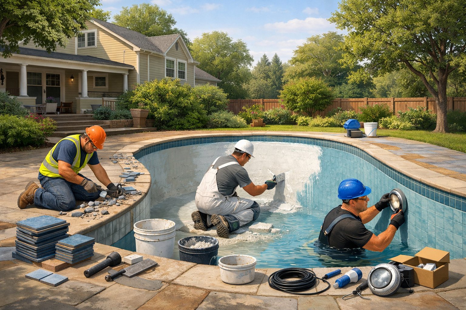 Pool Renovation in Alexandria, VA: Expert Guide to Modern Upgrades 2 A backyard scene showing workers renovating an inground swimming pool with tools and materials around, next to a suburban house with trees.