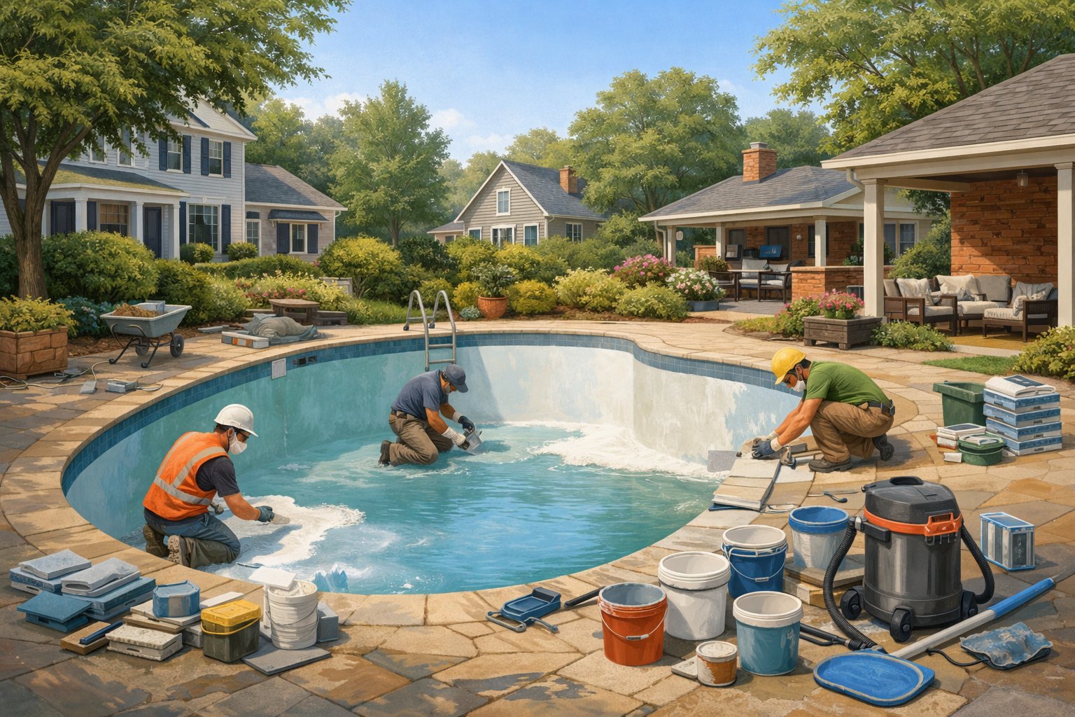 Pool Renovation in Alexandria, VA: Expert Guide to Modern Upgrades 4 A backyard in Alexandria, Virginia with an inground swimming pool being renovated by workers surrounded by trees and houses.