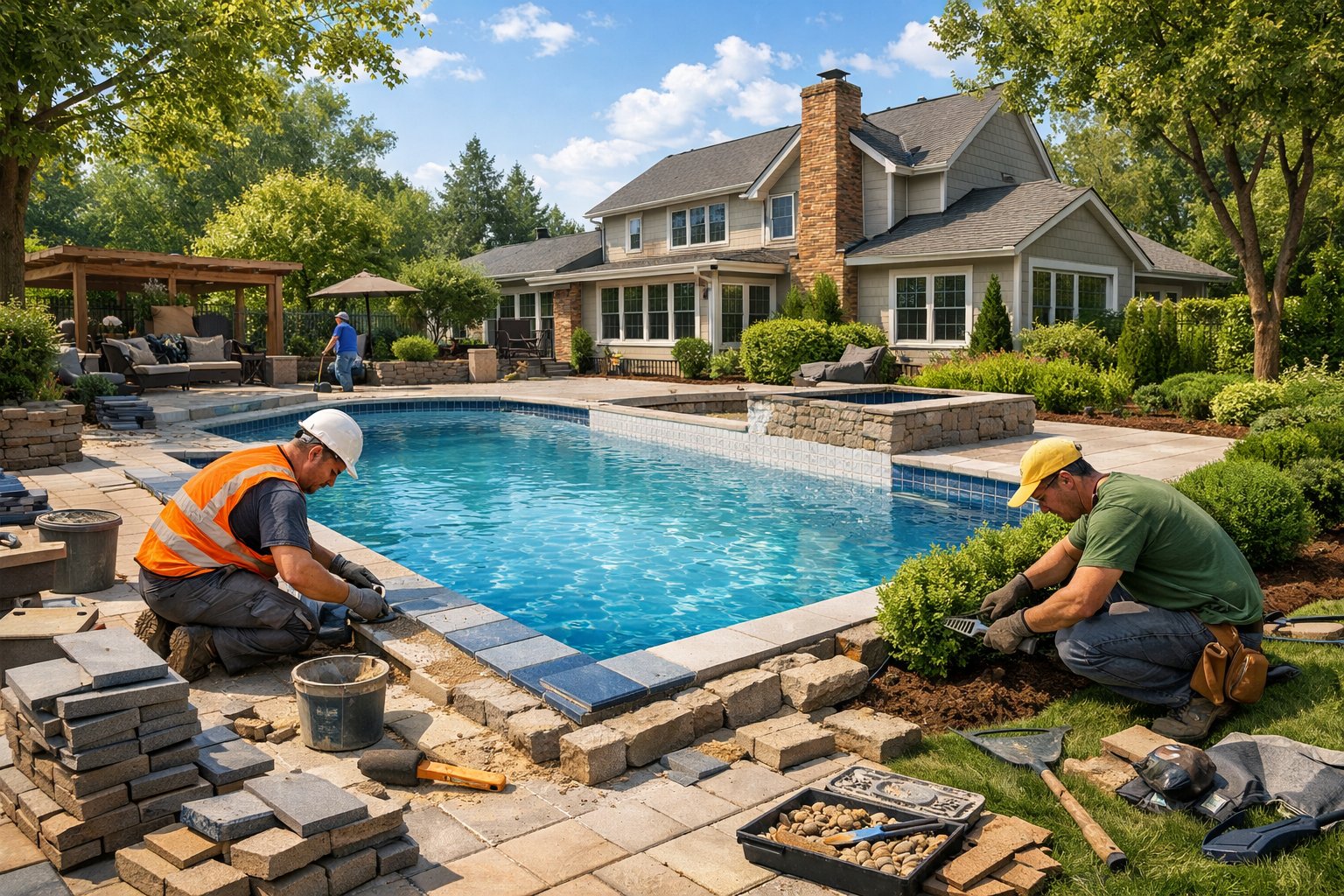 Pool Renovation in Fairfax, VA: Modern Upgrades & Expert Tips 1 A backyard scene showing a partially renovated swimming pool with workers installing tiles and landscaping around it near a suburban house. The pool is an inground pool, and technicians are working around the pool, not inside it.