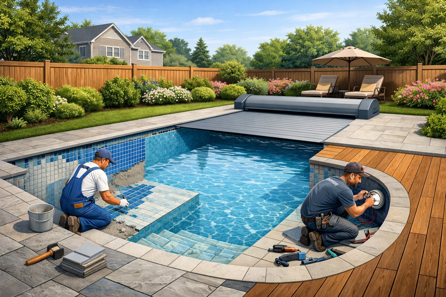 Pool Renovation in Fairfax, VA: Modern Upgrades & Expert Tips 2 A backyard in Fairfax, Virginia showing a swimming pool being renovated with new tiles, upgraded deck, lighting installation, and landscaping. The pool is inground, and workers are not inside the pool.