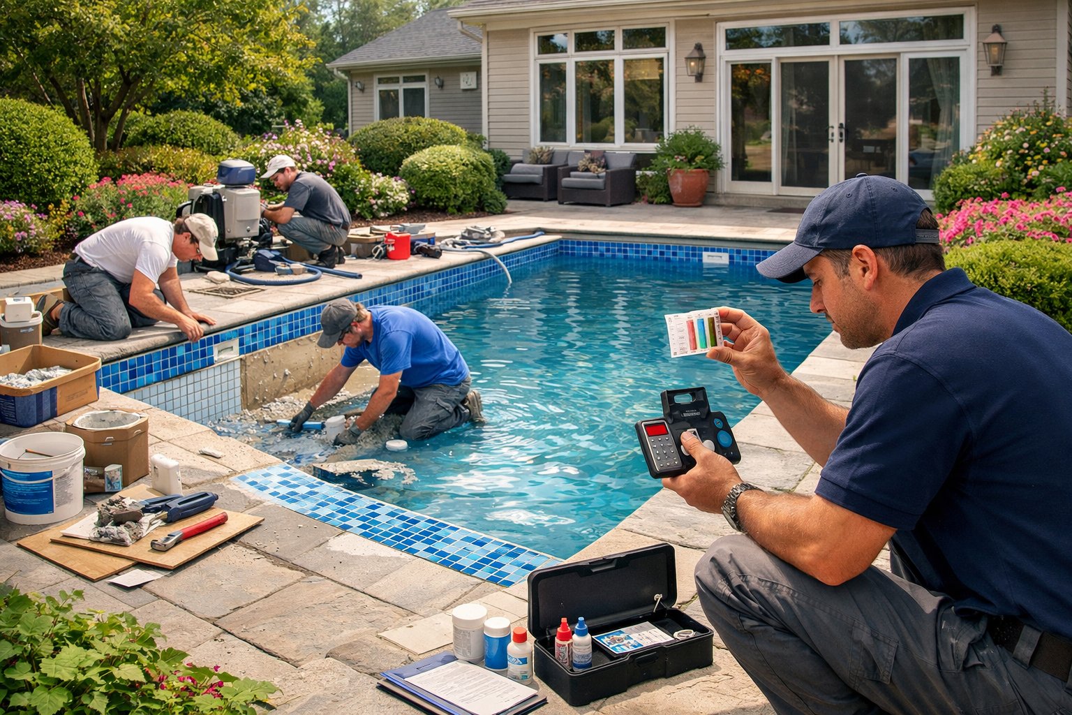 Pool Renovation in Fairfax, VA: Modern Upgrades & Expert Tips 3 A backyard swimming pool in the process of renovation with workers applying tiles and a professional inspecting the water, surrounded by green plants and a house in the background. The pool is inground and technicians are working around the pool, not inside it.