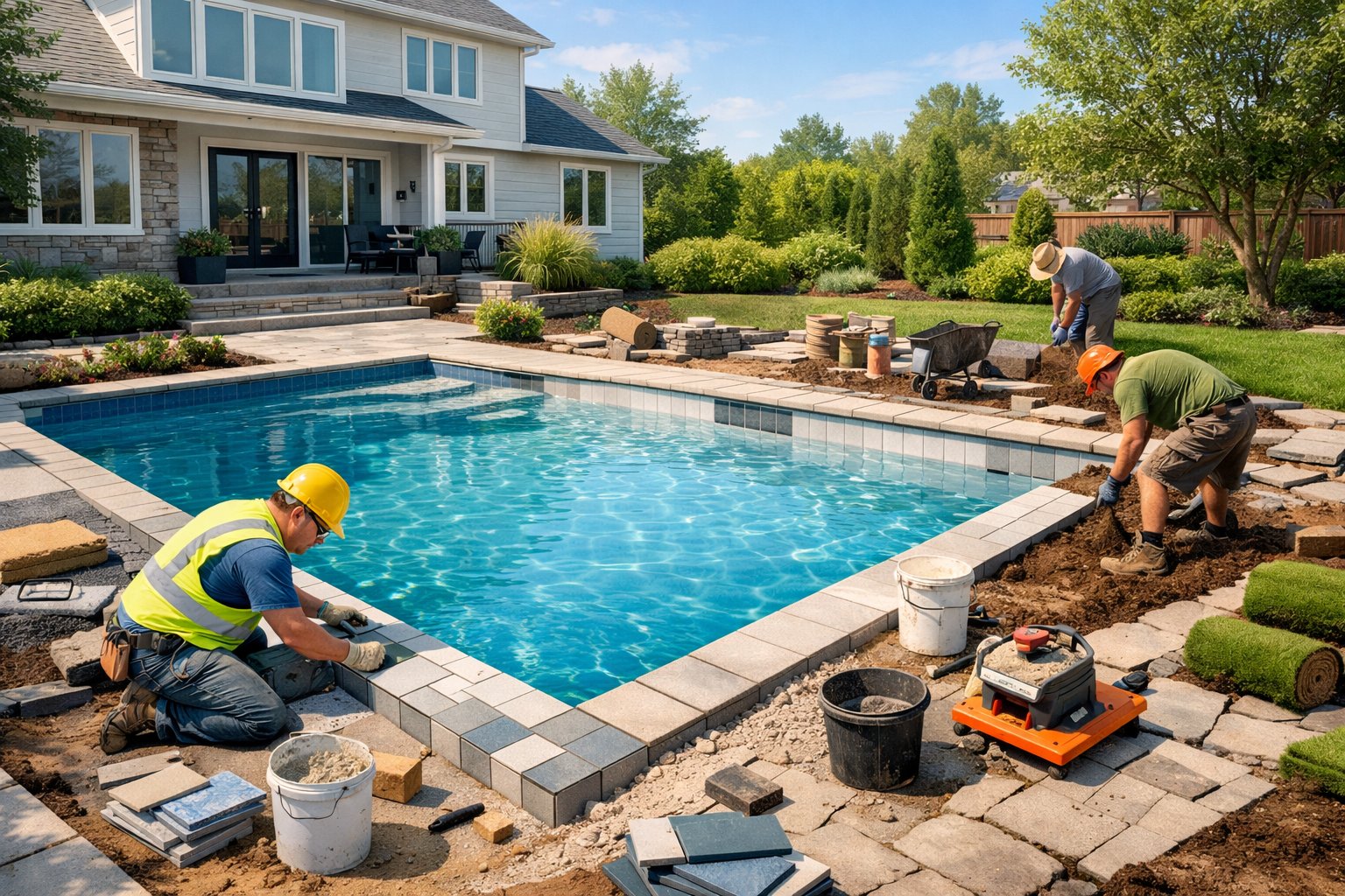 Pool Renovation in Vienna, VA: Comprehensive Guide and Services 1 A backyard pool renovation in progress with workers, construction materials, and a modern house in the background.