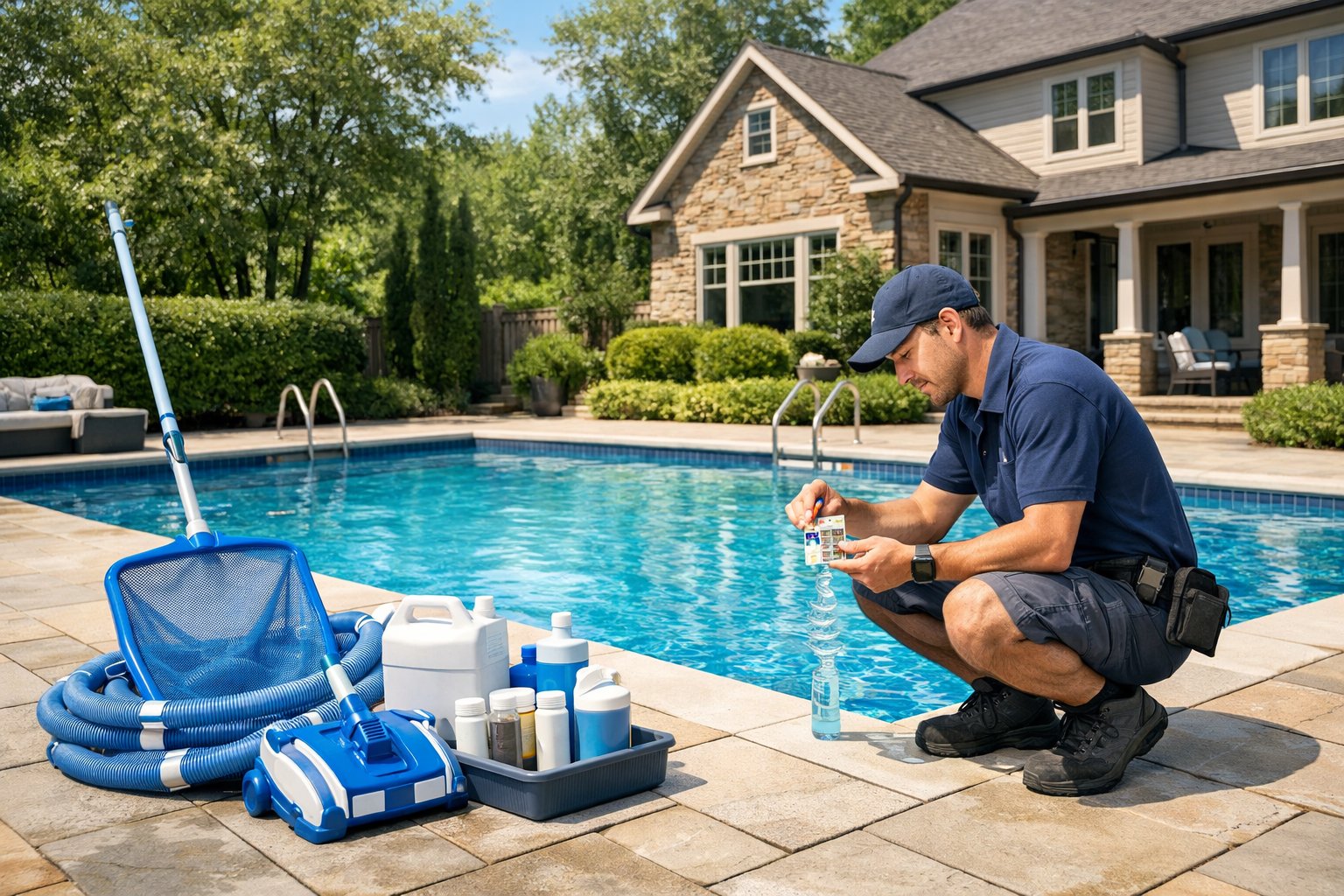Pool Renovation in Vienna, VA: Comprehensive Guide and Services 3 A pool technician performing maintenance beside a clean, renovated outdoor inground swimming pool in a residential backyard.