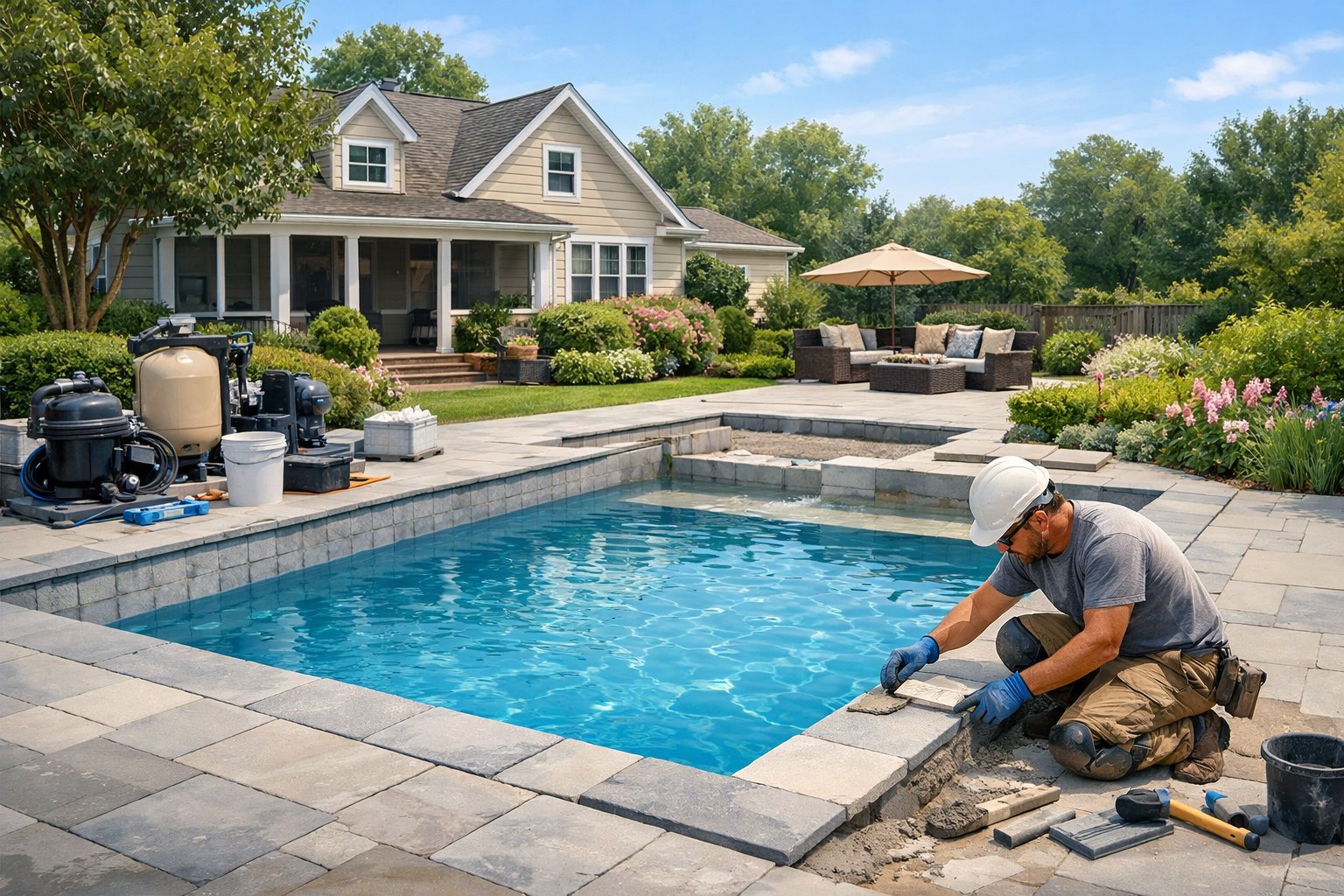 Pool Renovation in Vienna, VA: Comprehensive Guide and Services 4 A backyard scene showing a partially renovated inground swimming pool with a worker applying finishing touches and a suburban house in the background.