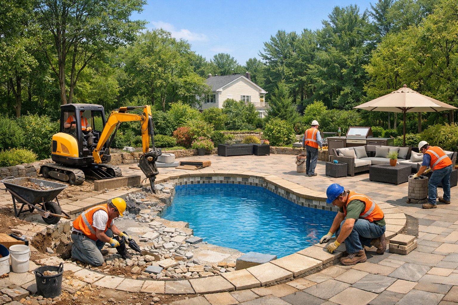 A backyard scene showing a swimming pool under renovation with workers and construction equipment in a residential area surrounded by trees.