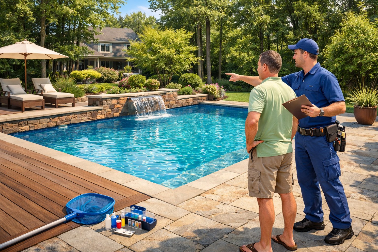 A renovated backyard pool with clear water, a homeowner talking to a pool expert, surrounded by green trees and a suburban house.