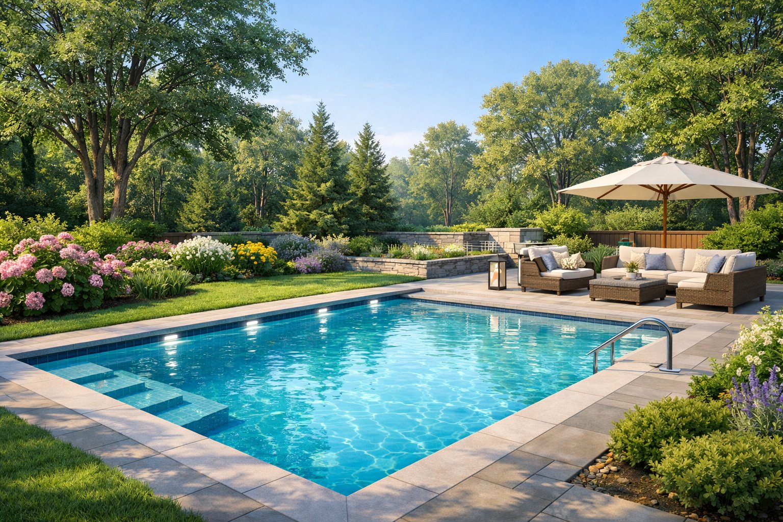 A backyard with a newly renovated swimming pool surrounded by greenery and outdoor furniture under a clear sky.