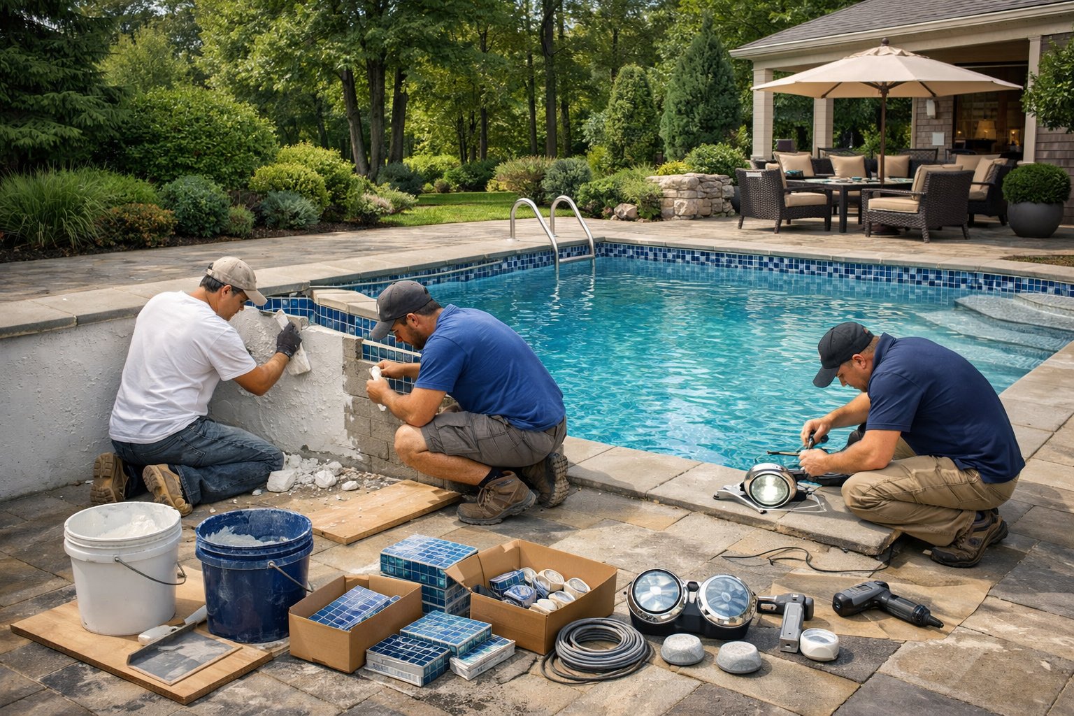 Pool Renovation in Great Falls, VA: Expert Services & Upgrades 2 A backyard scene showing workers renovating a swimming pool with new tiles, plaster, and lighting, surrounded by trees and a patio.