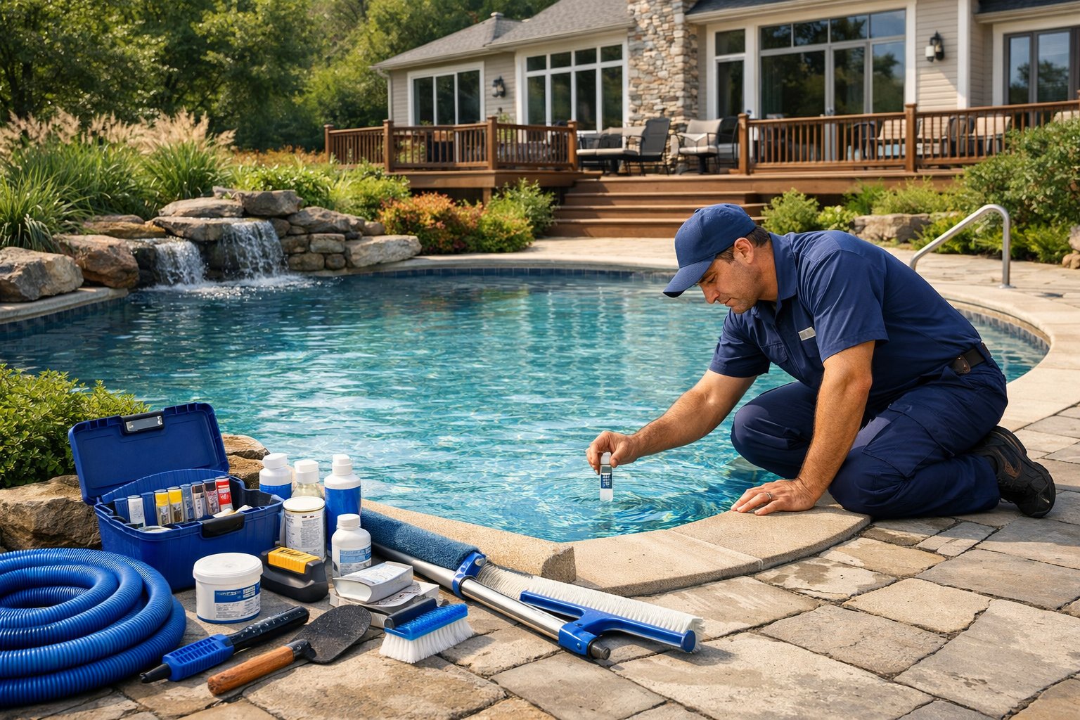 Pool Renovation in Great Falls, VA: Expert Services & Upgrades 3 A maintenance worker inspecting and cleaning a swimming pool in a backyard with stone landscaping and a house in the background.