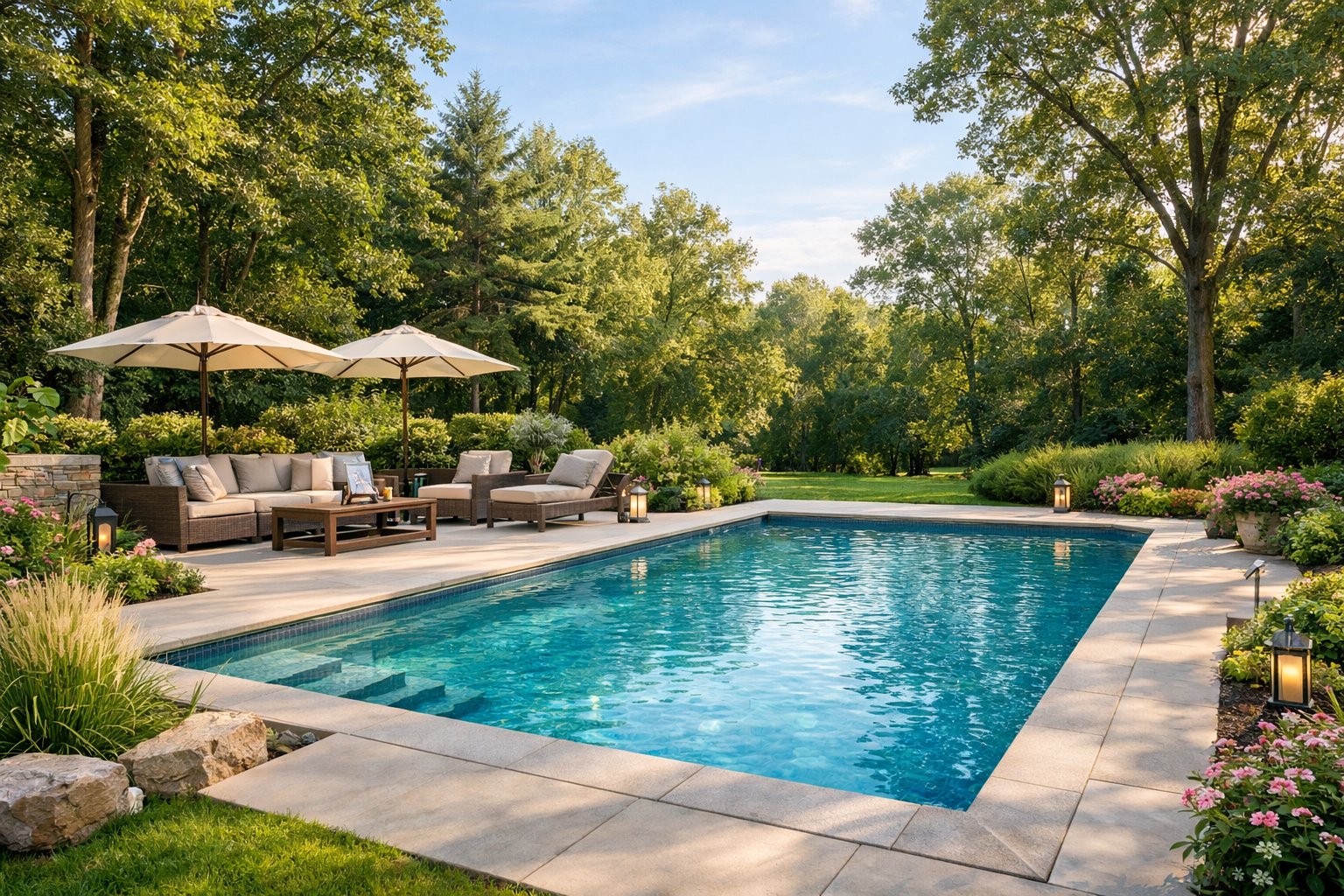 Pool Renovation in Great Falls, VA: Expert Services & Upgrades 4 A backyard with a newly renovated swimming pool surrounded by trees, plants, and outdoor seating.
