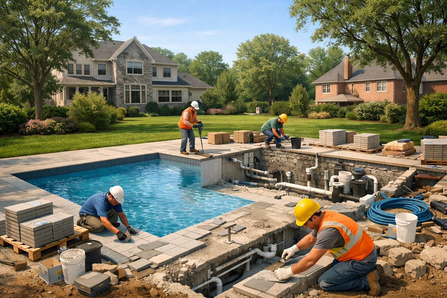 A backyard scene showing a partially renovated inground swimming pool with workers and construction materials, surrounded by green lawns and houses.