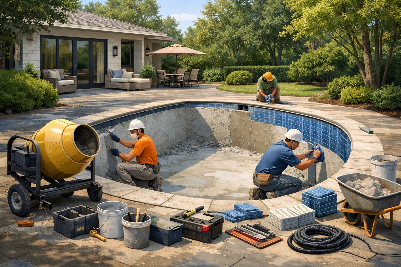 A residential backyard with workers renovating an inground swimming pool surrounded by greenery and a house in the background.