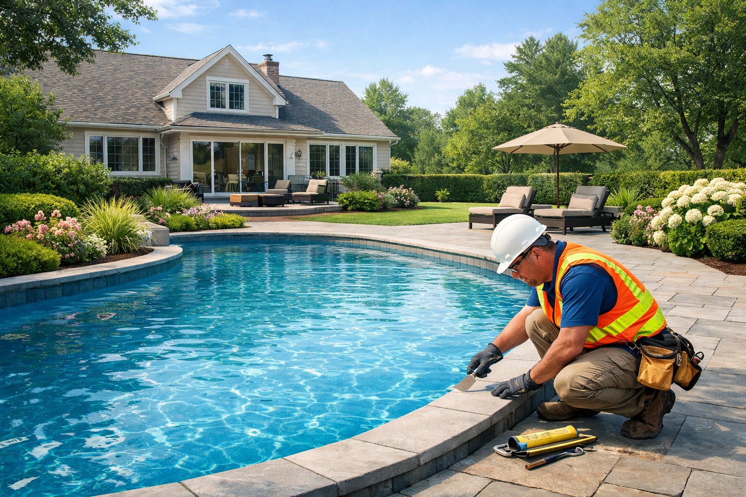 A renovated inground swimming pool in a backyard with a worker inspecting it and a suburban house in the background.