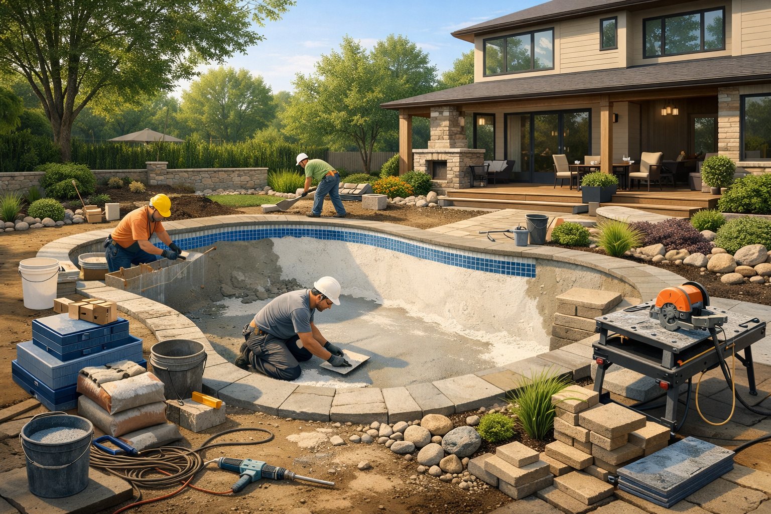 A backyard scene showing a partially renovated inground swimming pool with workers installing tiles and landscaping around it.