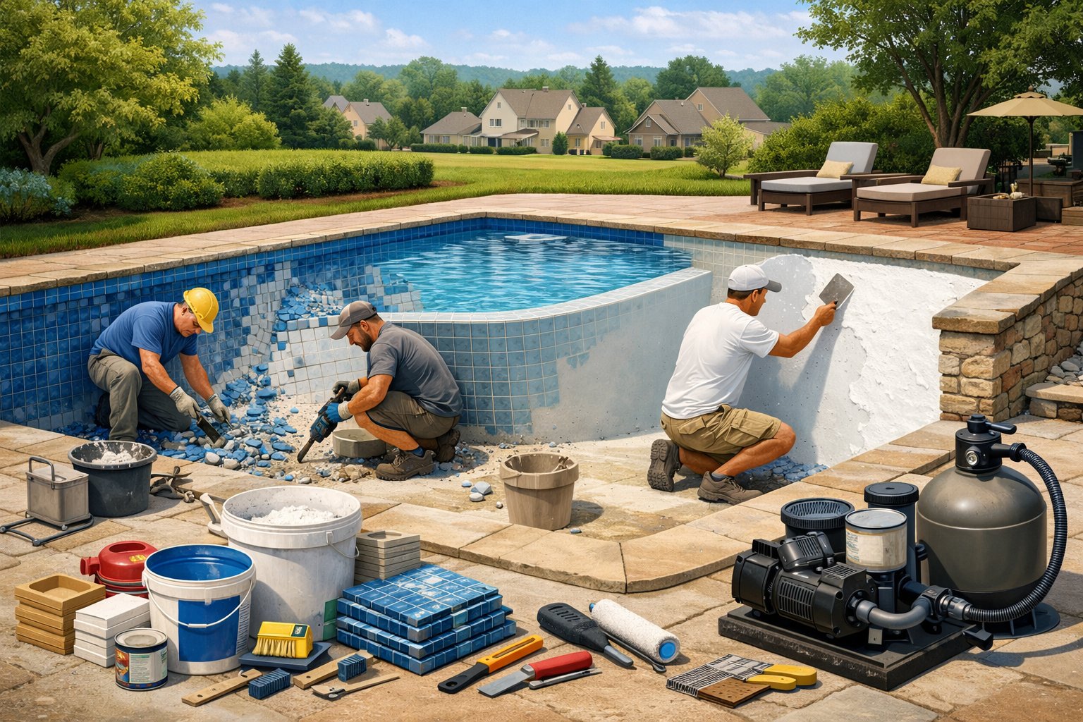 A backyard scene showing workers renovating an inground swimming pool with tools and materials, surrounded by green trees and houses.