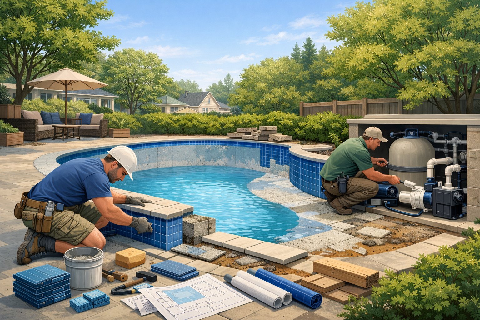 A backyard with an inground swimming pool undergoing renovation, showing workers applying tiles and inspecting equipment surrounded by trees and greenery.