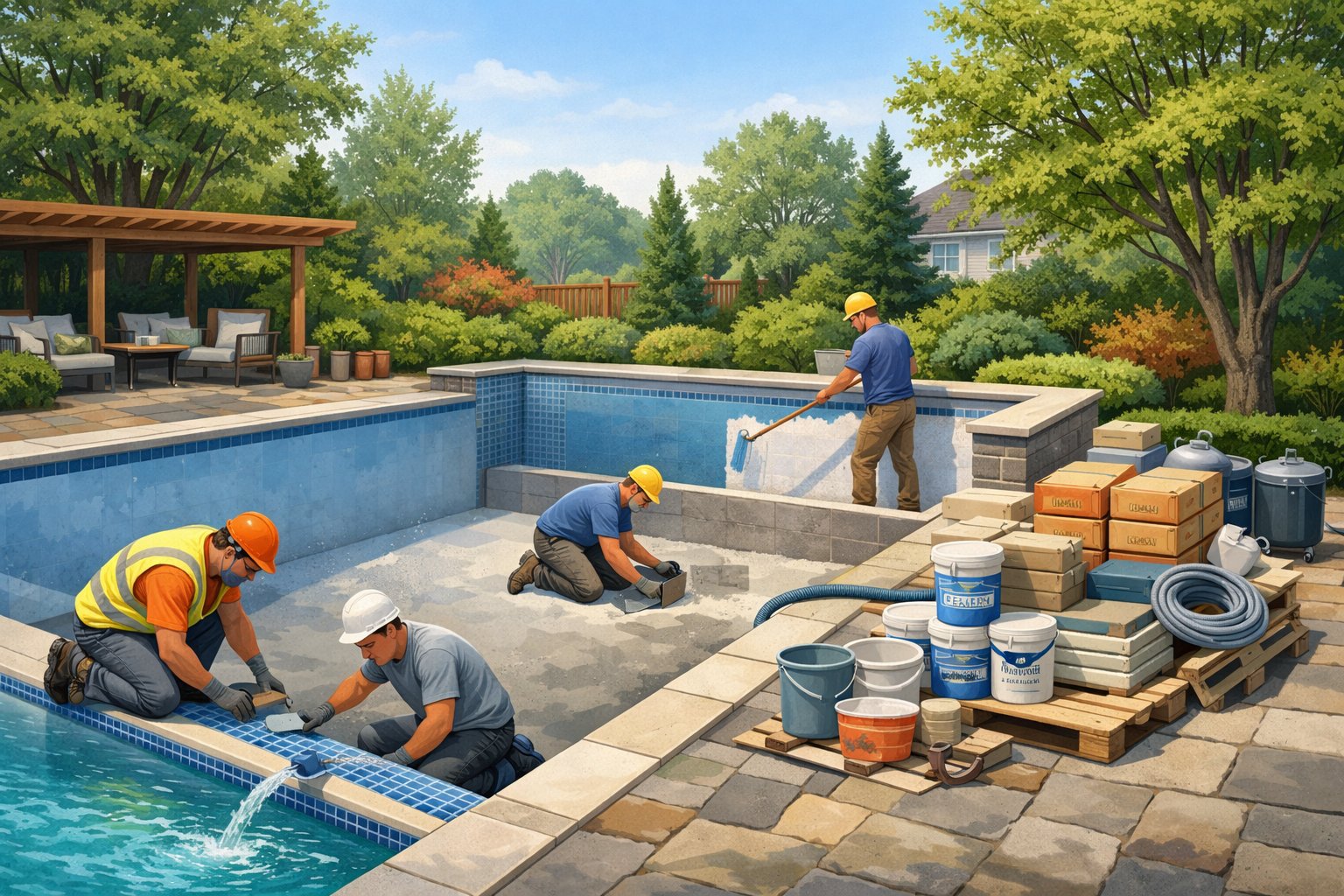 Pool Renovation in Herndon, VA: Expert Solutions & Local Services 1 A backyard pool renovation in progress with workers installing new tiles and landscaping around a partially completed inground swimming pool.