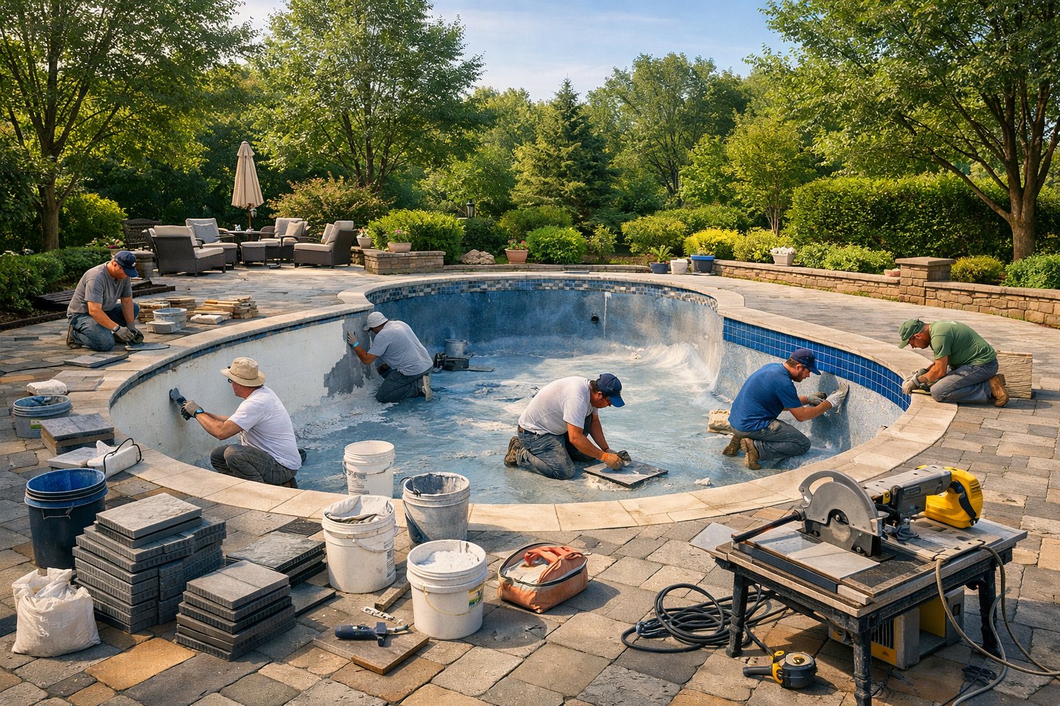 Pool Renovation in Herndon, VA: Expert Solutions & Local Services 2 A backyard inground swimming pool in the process of renovation with workers resurfacing the pool and installing new tiles, surrounded by trees and landscaping.