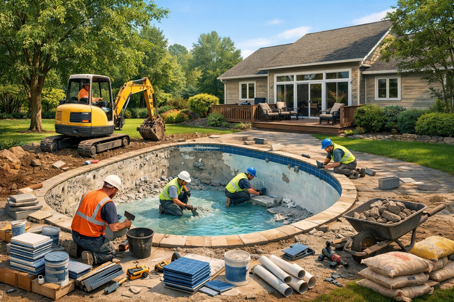 Pool Renovation in Herndon, VA: Expert Solutions & Local Services 4 A backyard inground pool under renovation with workers and equipment, surrounded by trees and a house in the background.