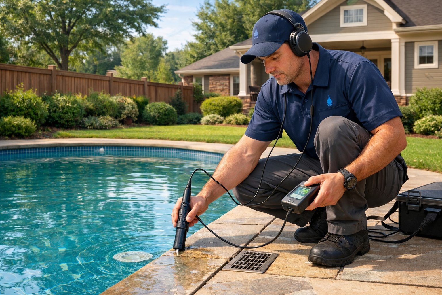 A technician inspects an outdoor residential swimming pool with leak detection equipment in a backyard setting.