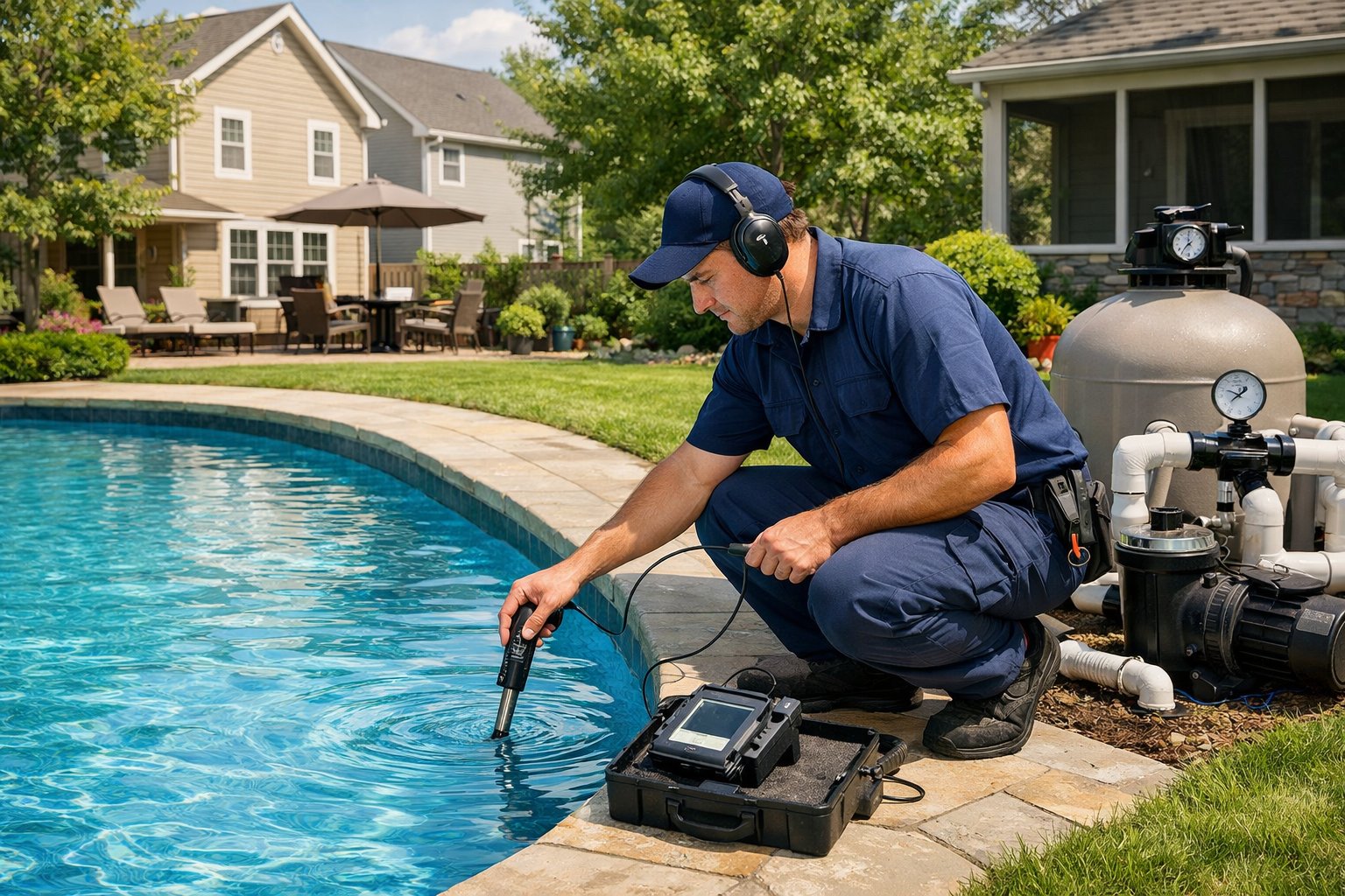 A technician inspecting a swimming pool in a suburban backyard with tools for leak detection.