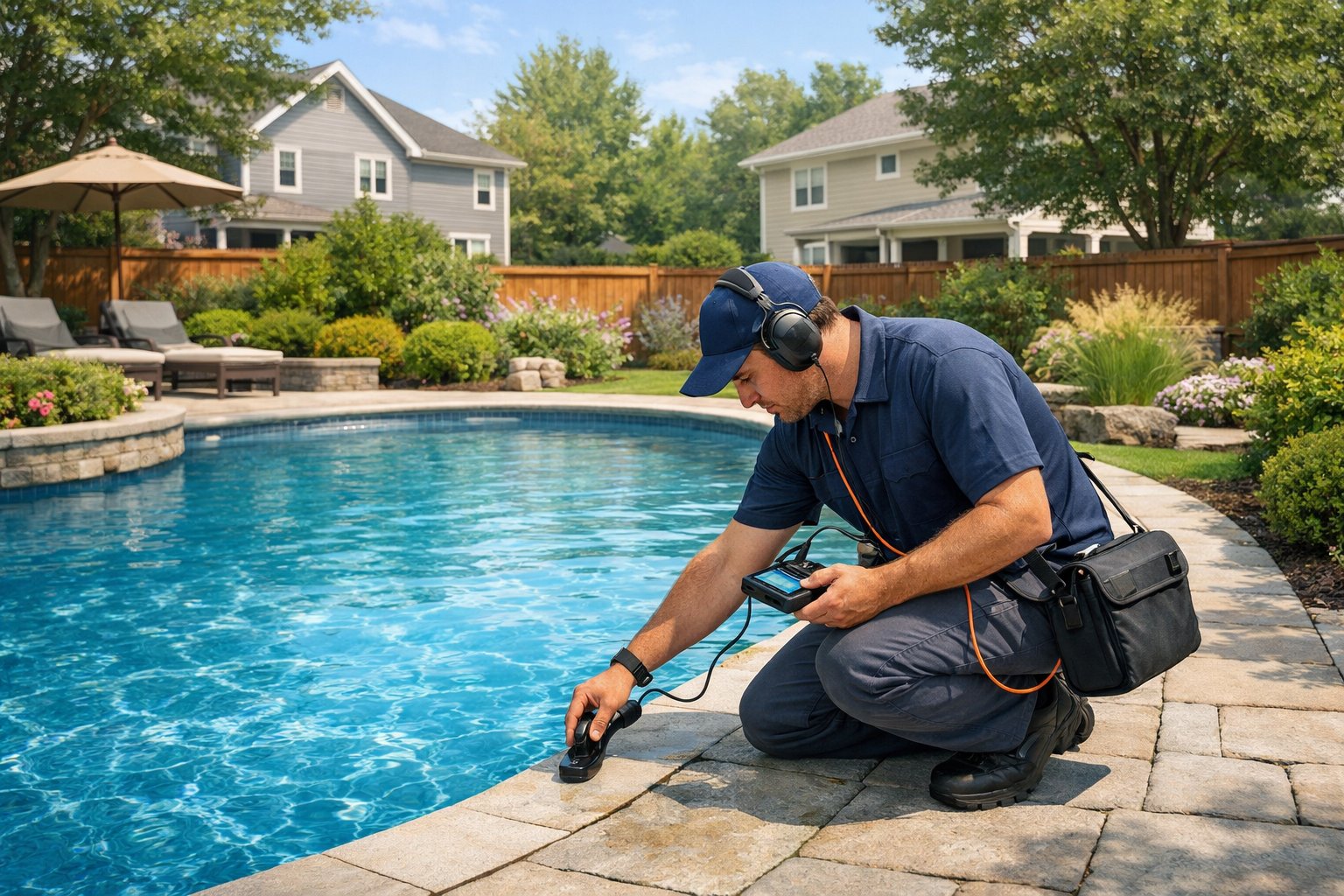 A technician inspecting a swimming pool in a residential backyard with trees and houses in the background.