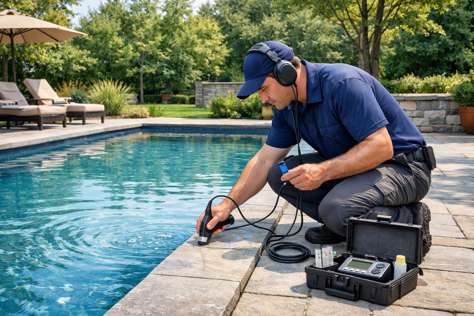 A technician inspecting a backyard swimming pool for leaks using specialized equipment, surrounded by greenery and clear water.