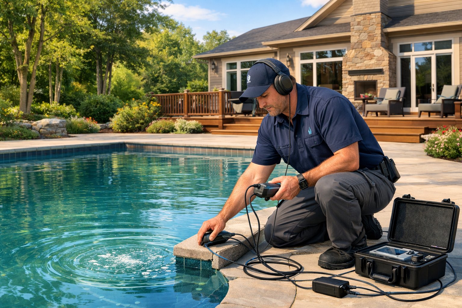 A technician using leak detection equipment by a swimming pool in a suburban backyard with trees and a house in the background.