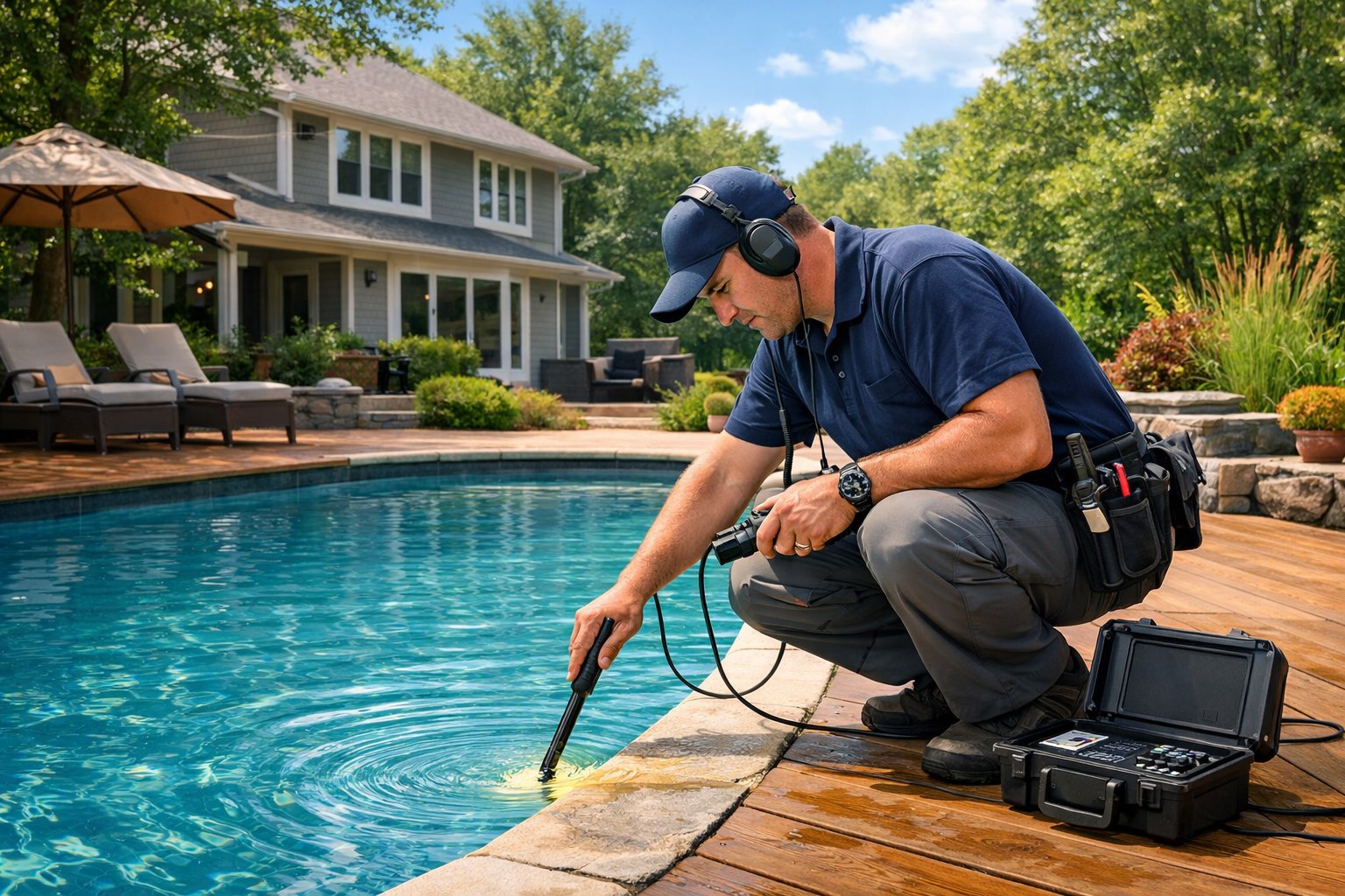 A technician inspecting a swimming pool in a residential backyard surrounded by trees and a house, using equipment to detect leaks.