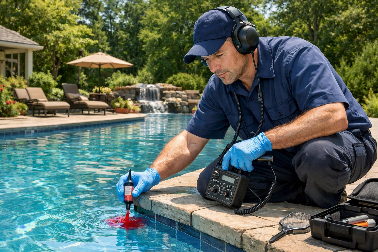 A technician inspecting a residential swimming pool for leaks in a backyard surrounded by trees and greenery.