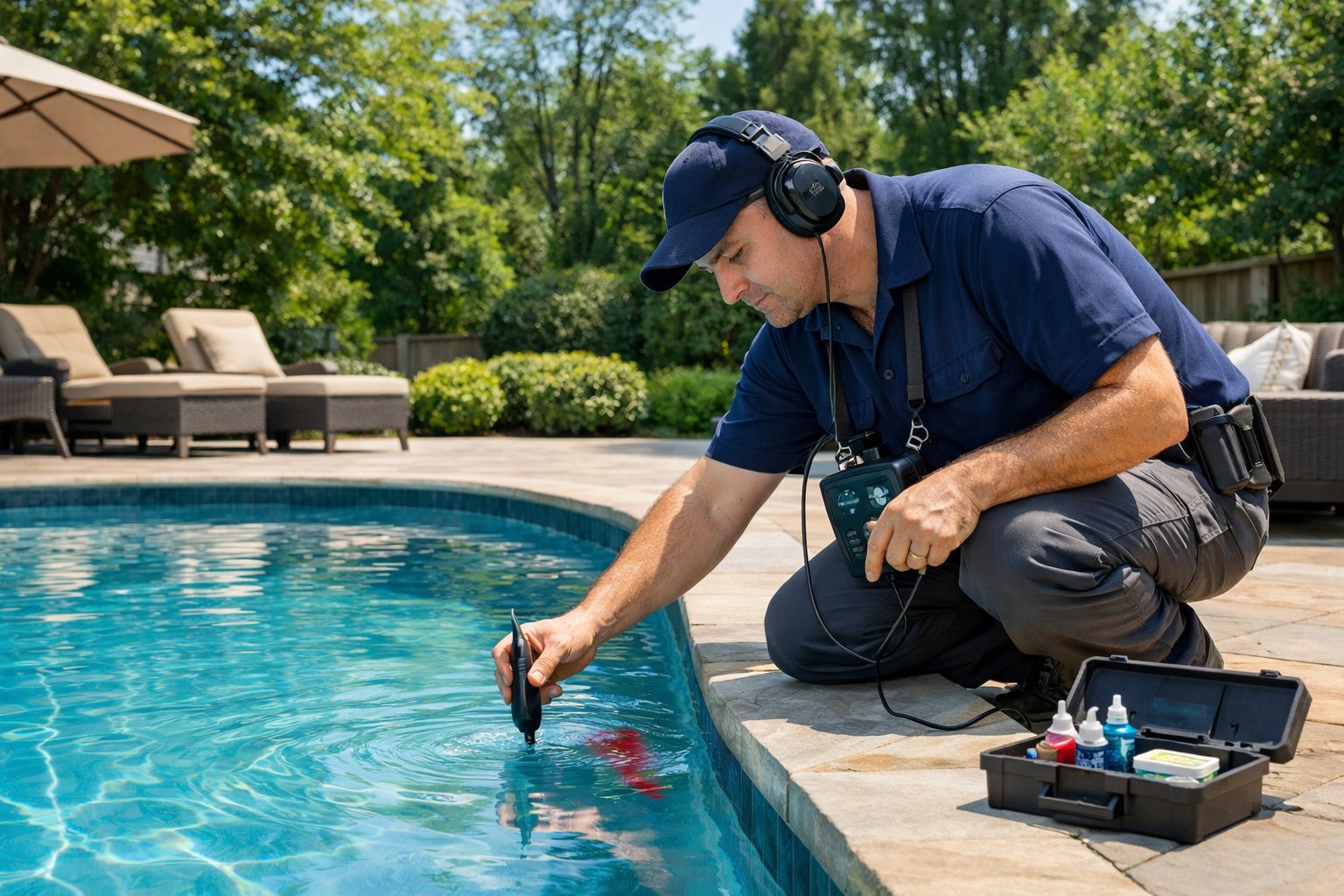 A technician inspecting a backyard swimming pool for leaks with equipment, surrounded by trees and bushes.