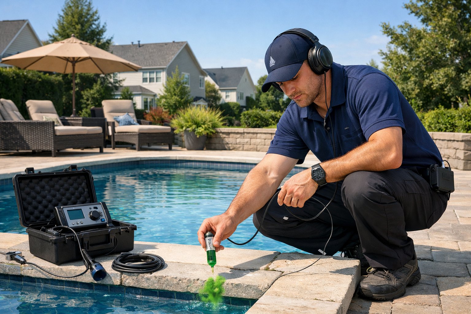 A technician using leak detection equipment at a backyard swimming pool in a suburban residential area.