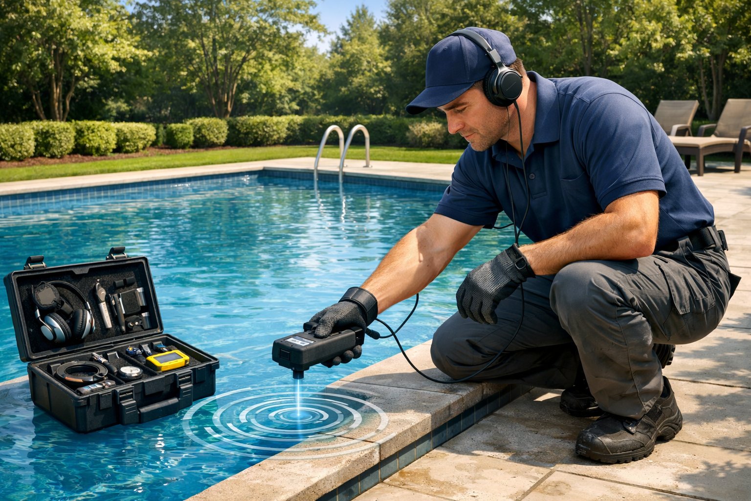 A technician inspects a swimming pool in a backyard using leak detection equipment, with tools nearby and trees in the background.