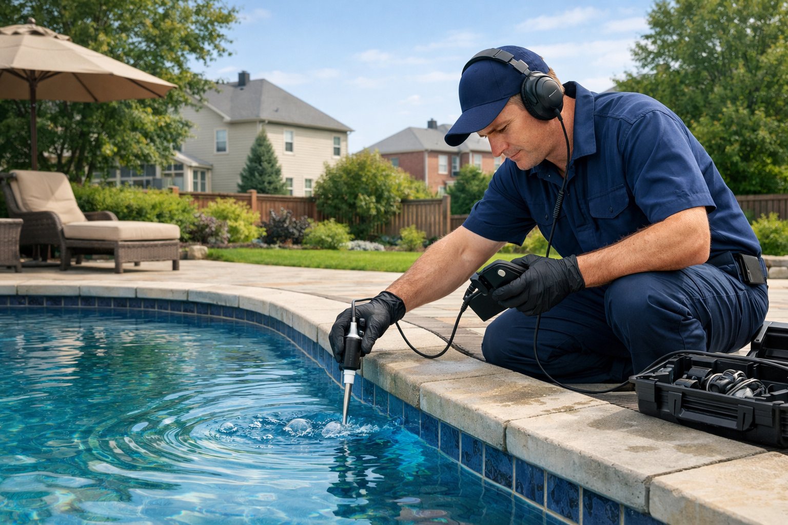 A technician inspecting a residential swimming pool for leaks in a backyard with houses and greenery in the background.