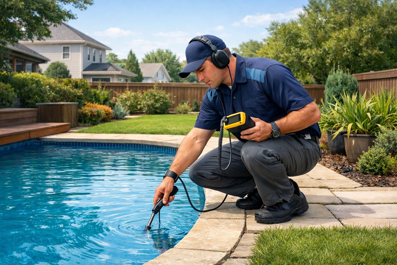 A technician inspecting a residential swimming pool for leaks in a backyard with green lawns and houses in the background.