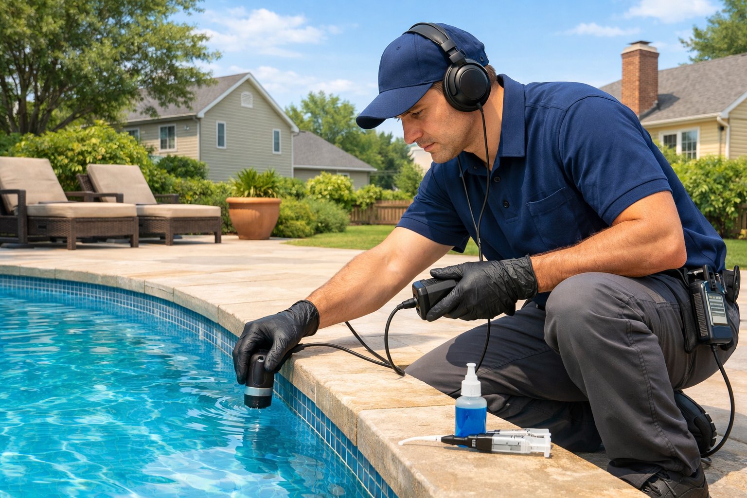 A technician inspecting a residential swimming pool with leak detection equipment in a backyard setting.