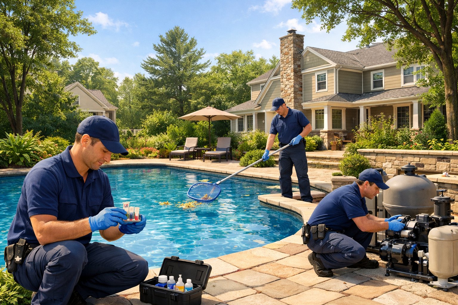 A pool technician performing maintenance beside a clean inground backyard swimming pool surrounded by plants and trees typical of Vienna, Virginia.