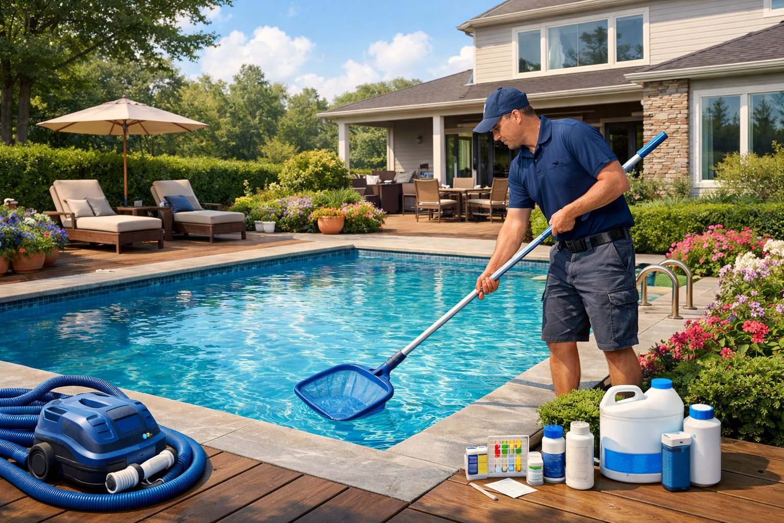 A person inspecting a clean inground swimming pool in a residential backyard with green bushes, flowers, and a house in the background.