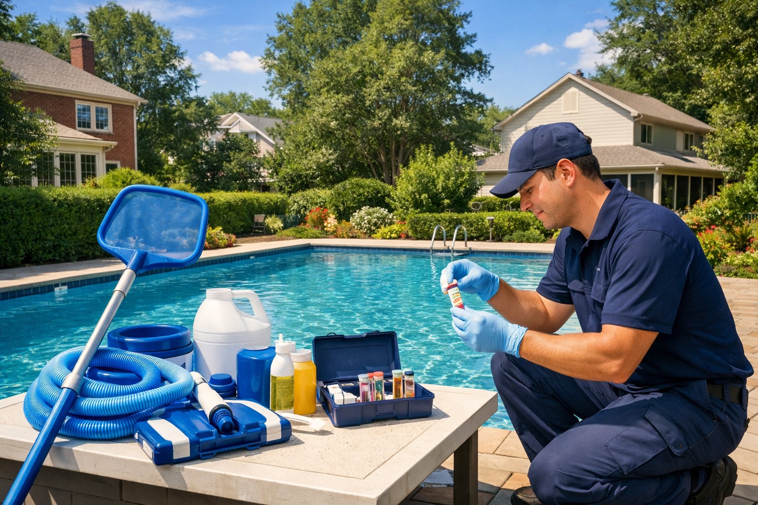 A pool technician testing water and pool maintenance tools arranged by a clean backyard swimming pool in a suburban neighborhood.