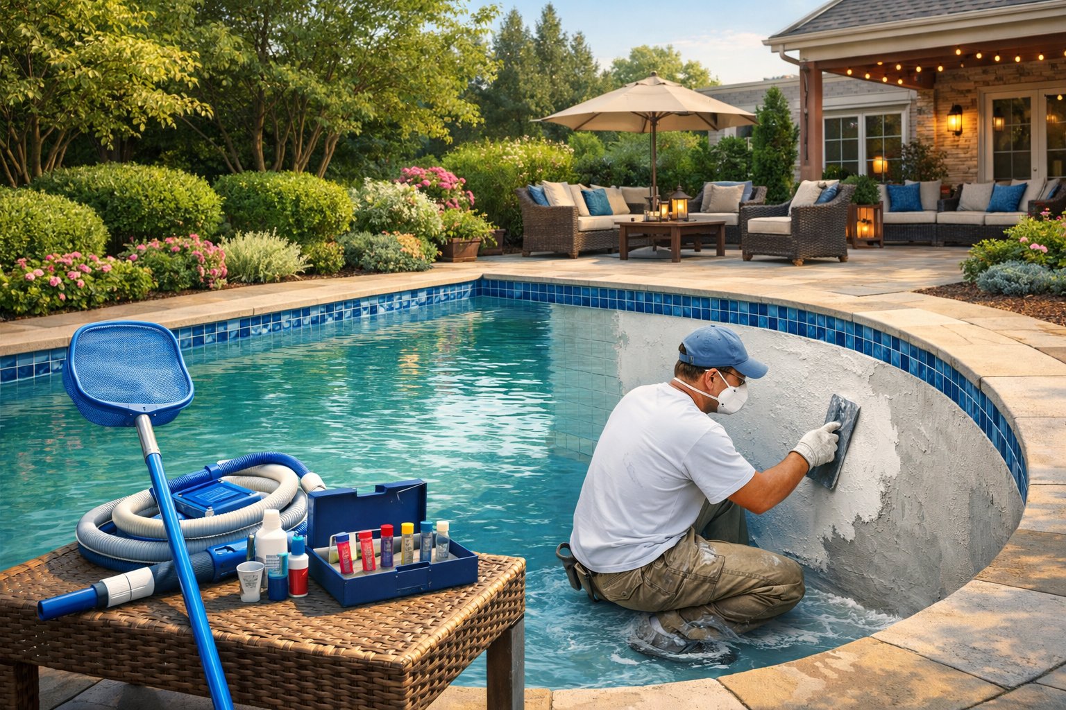 A backyard swimming pool being renovated with a worker applying plaster, surrounded by green plants and pool maintenance tools on a table nearby.