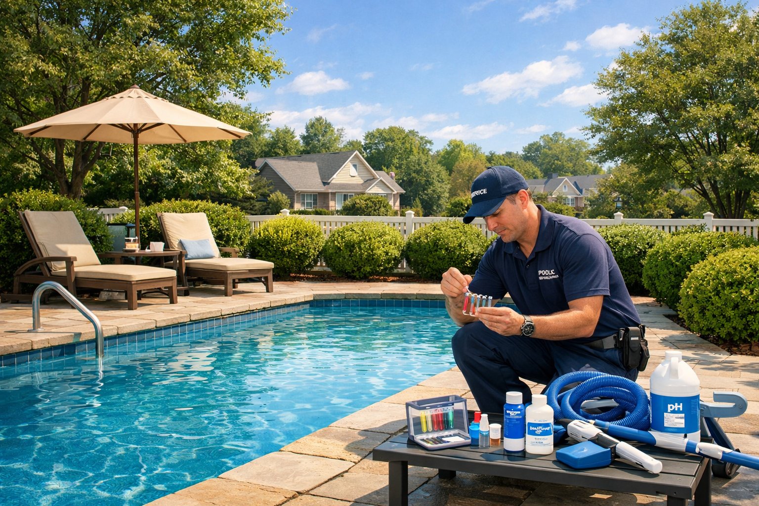 A backyard with a clean swimming pool and a technician testing the pool water surrounded by pool cleaning tools and greenery.