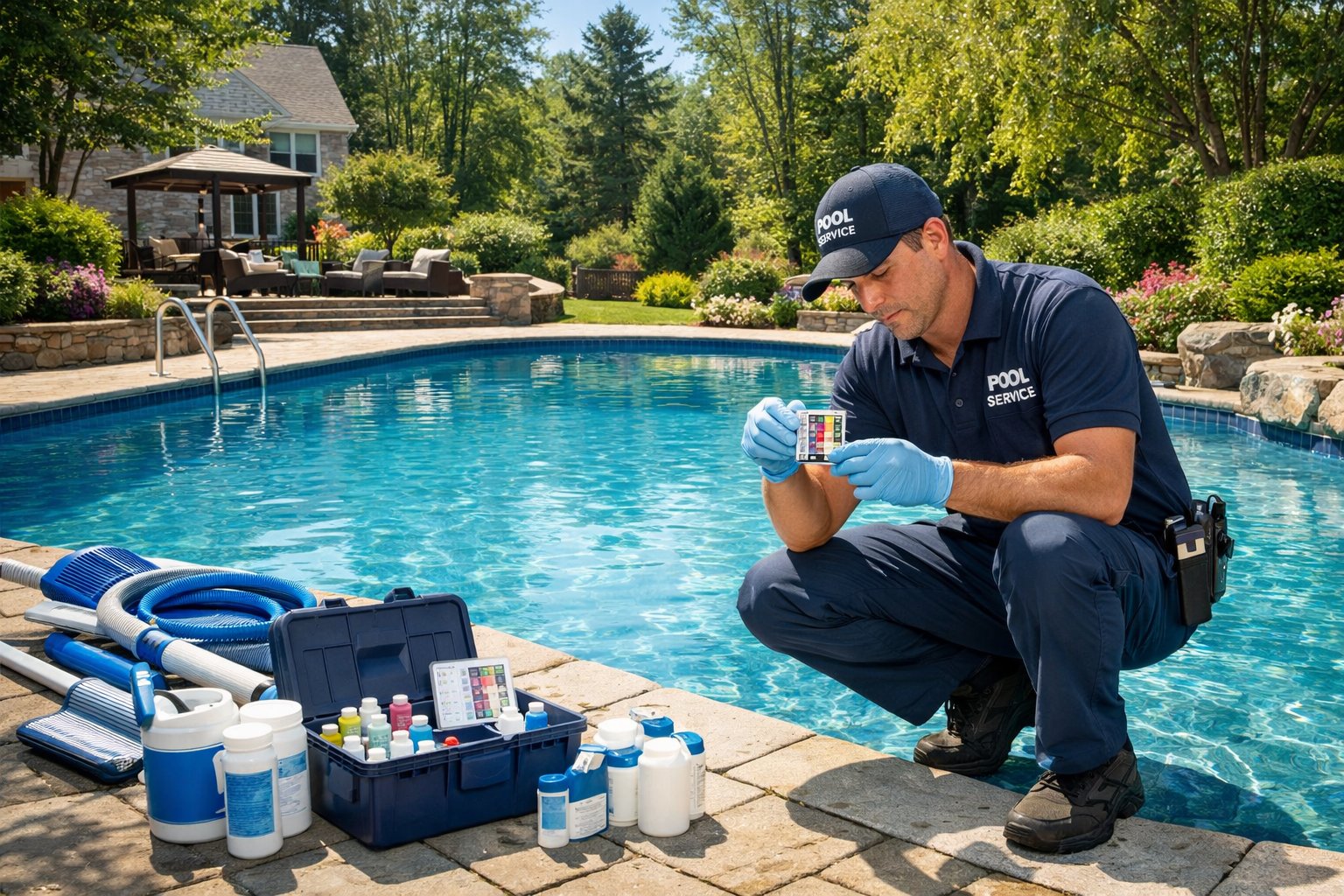 Pool Maintenance Great Falls, VA: Essential Local Care & Renovation 2 A technician inspecting a clean swimming pool in a residential backyard surrounded by green plants and pool maintenance equipment.