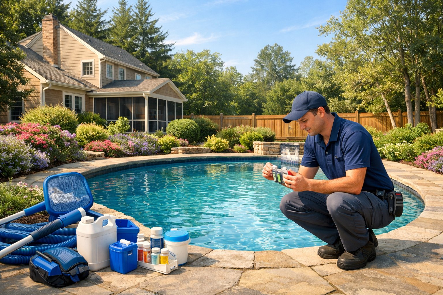Pool Maintenance Great Falls, VA: Essential Local Care & Renovation 4 A person inspecting a clean swimming pool in a backyard with pool maintenance tools nearby and a house in the background.